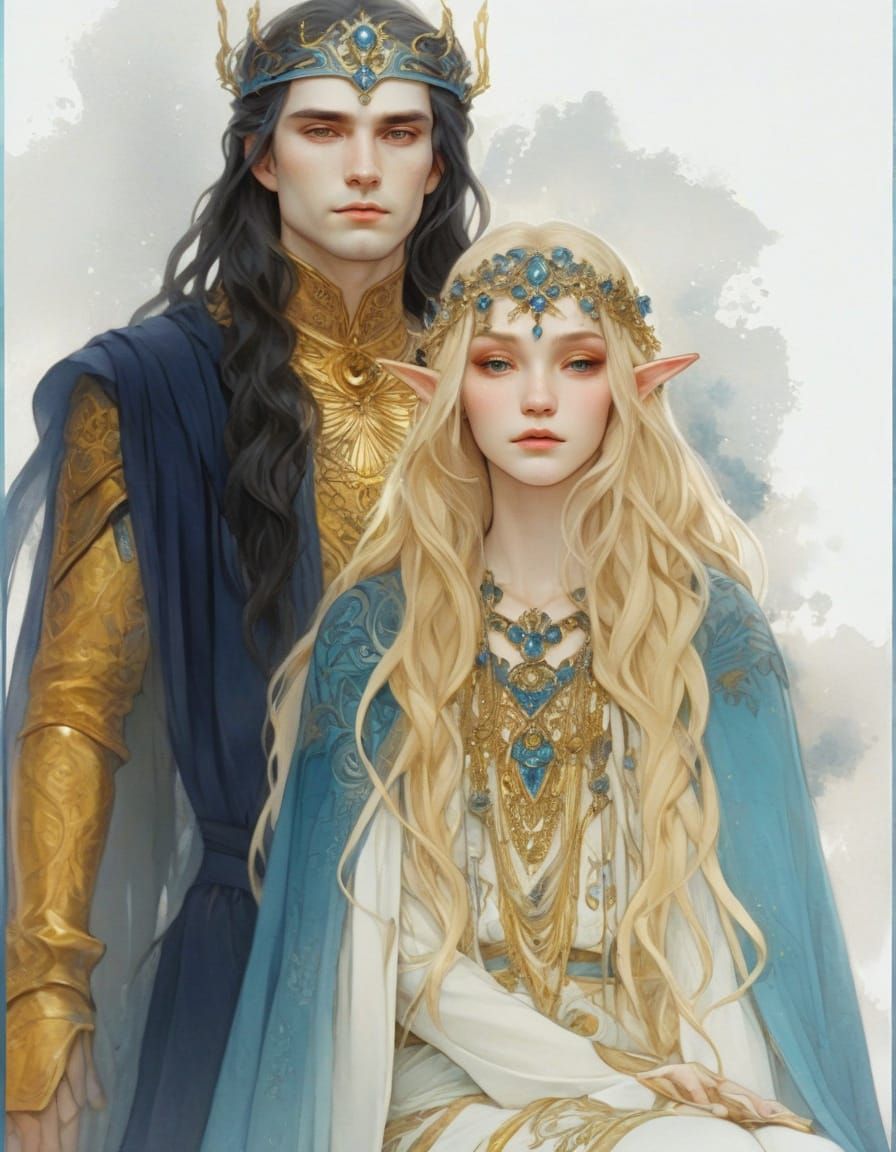 Elegant Elf King and Queen in Art Nouveau Style