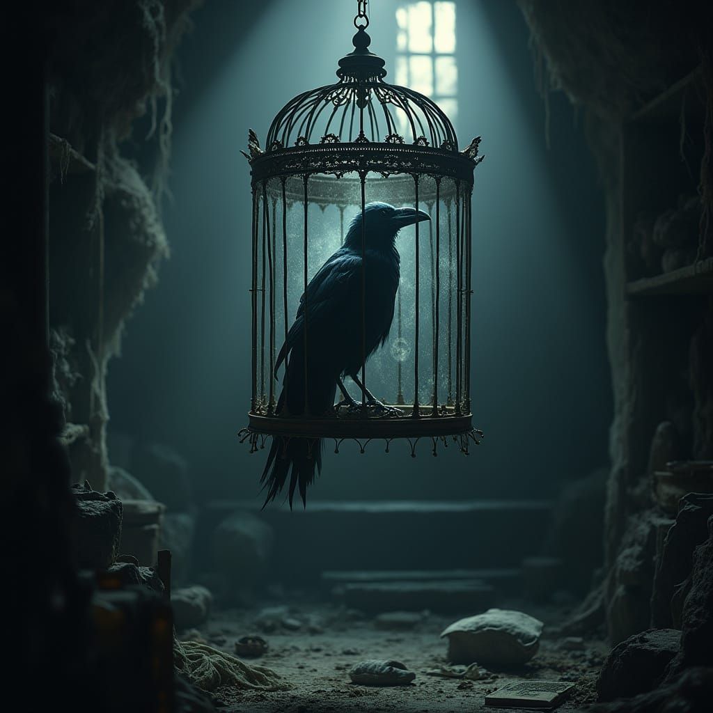 Spectral Raven Trapped in Antique Birdcage in Dusty Attic