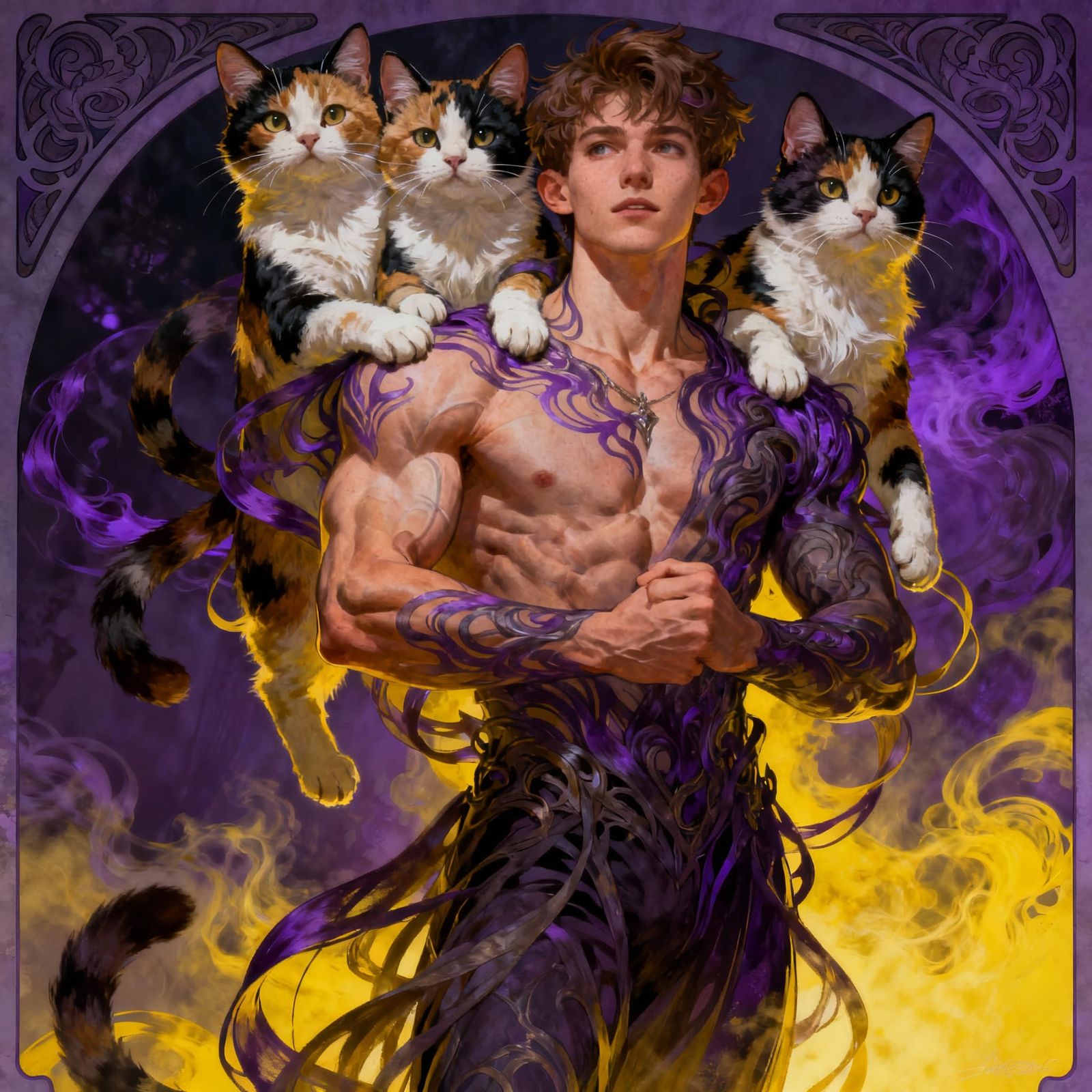 Muscular Man Fused With Three-Headed Calico Cat