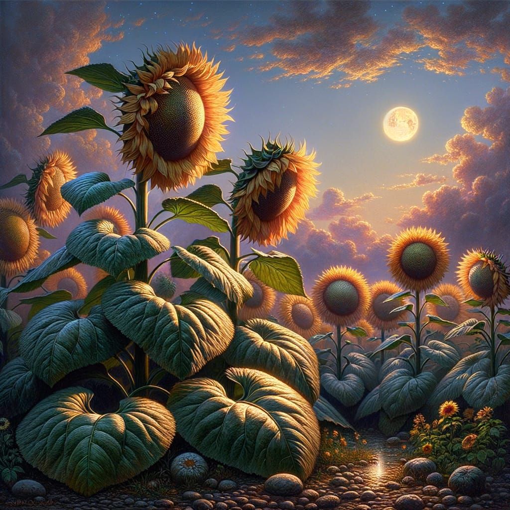 Towering Sunflowers Glow in Ethereal Evening Light