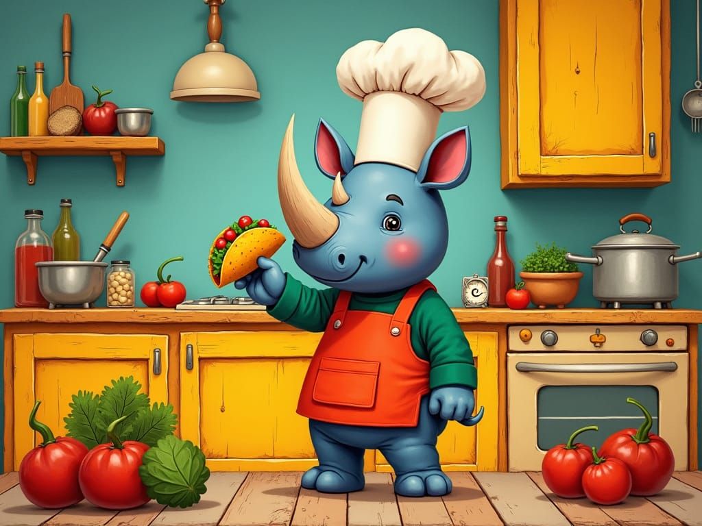 cute chibi rhino making tacos