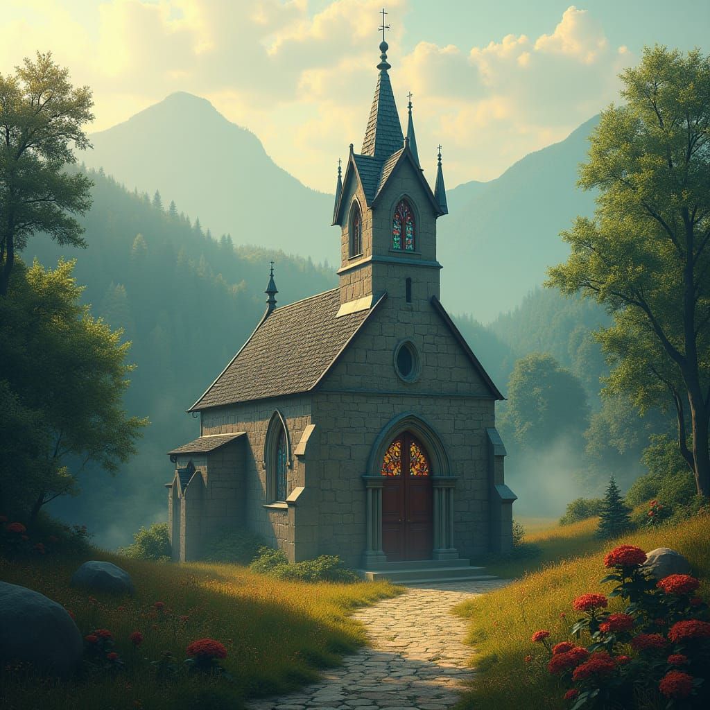Serene Countryside Church in Golden Light