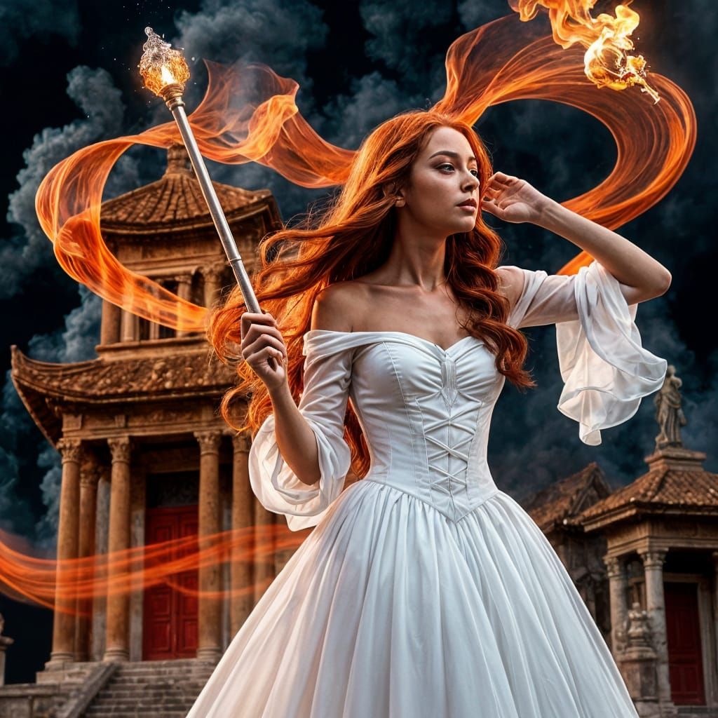 Enchanted Redhead Maiden Rises Above Ancient Temple Ruins