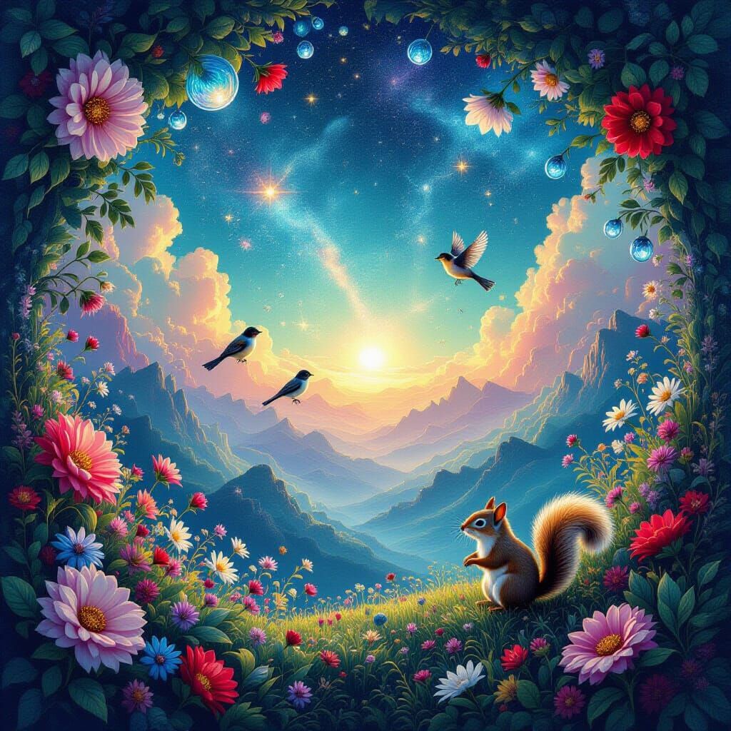 Cosmic Landscape with Dewdrops in Mixed Media Style