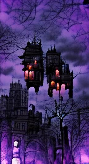 Ethereal Victorian Cityscape with Glowing Purple Lanterns