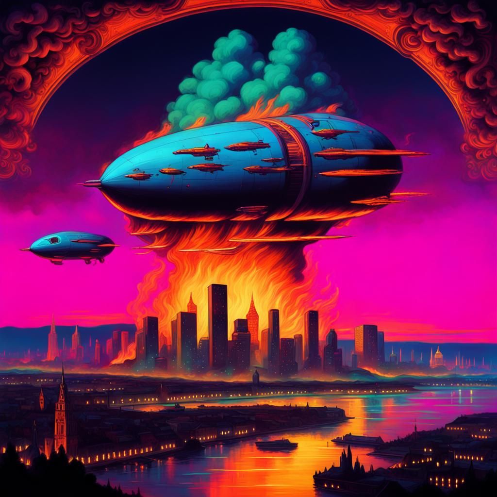Baroque Cityscape Aglow with Nighttime Zeppelins