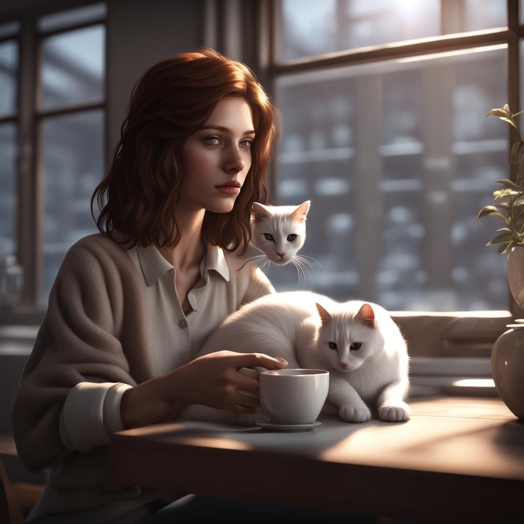 Girl in Office Aesthetic Sipping Tea with Her Feline Compani...