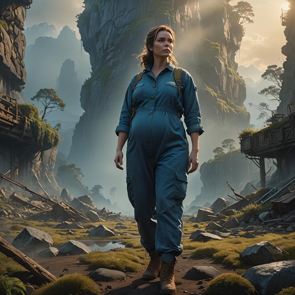 Pregnant Woman Standing in Enchanting Fantasy Landscape