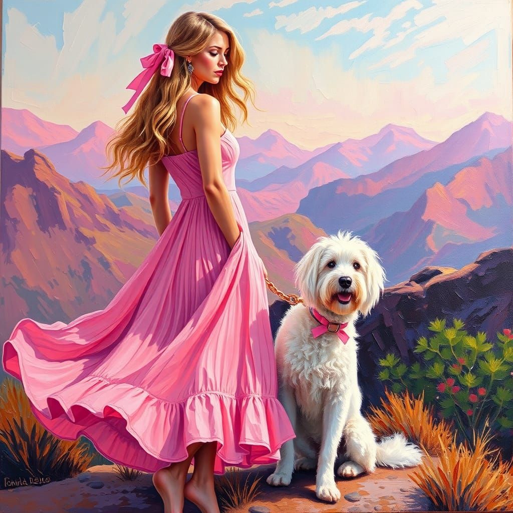Woman in Pink Gown with Loyal White Dog amidst Dreamy Pink M...