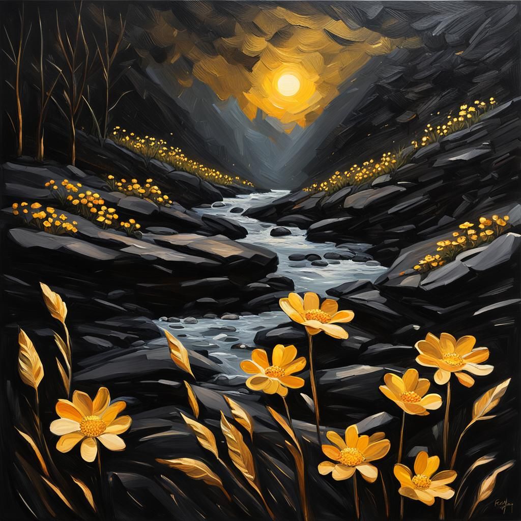 Golden Hour Impasto Painting with Black Dab and Blooming Flo...