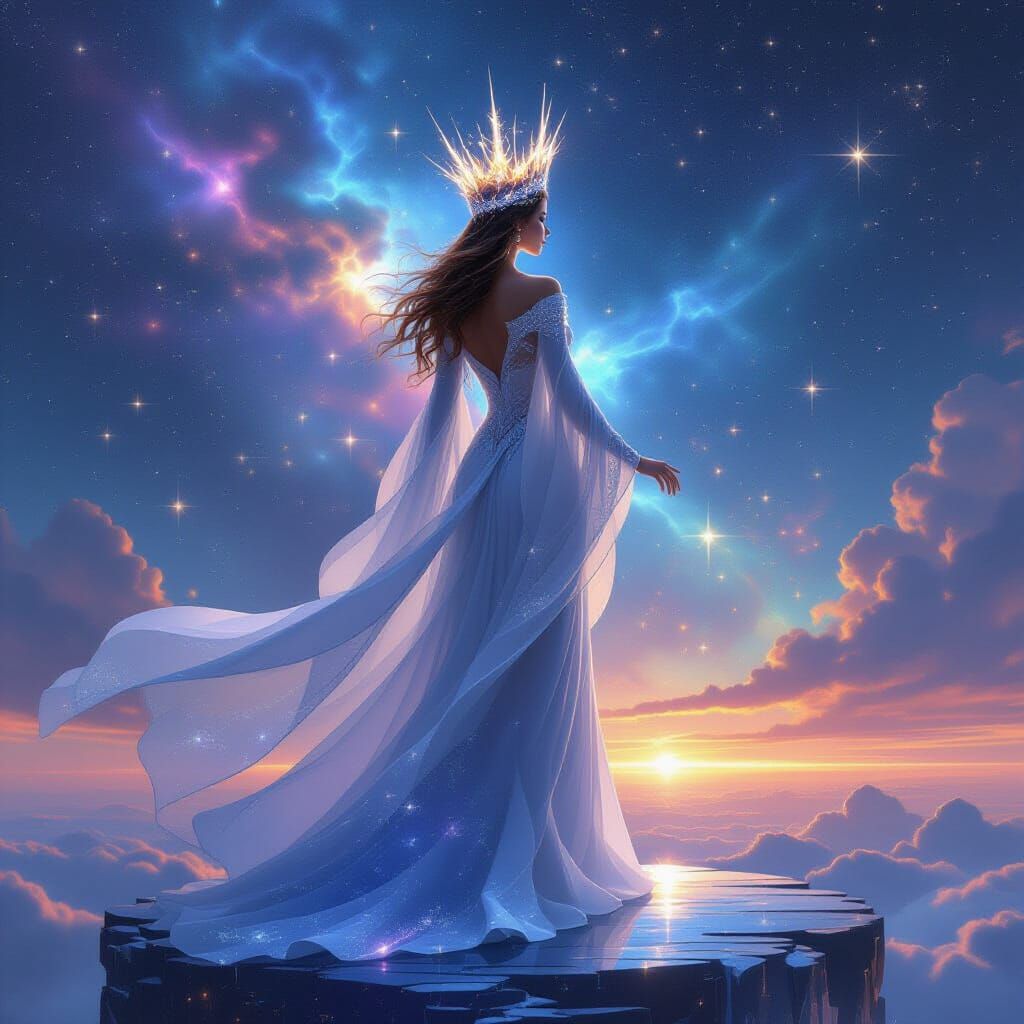 Celestial Empress Crowned in Starlight Over Cosmic Expanse