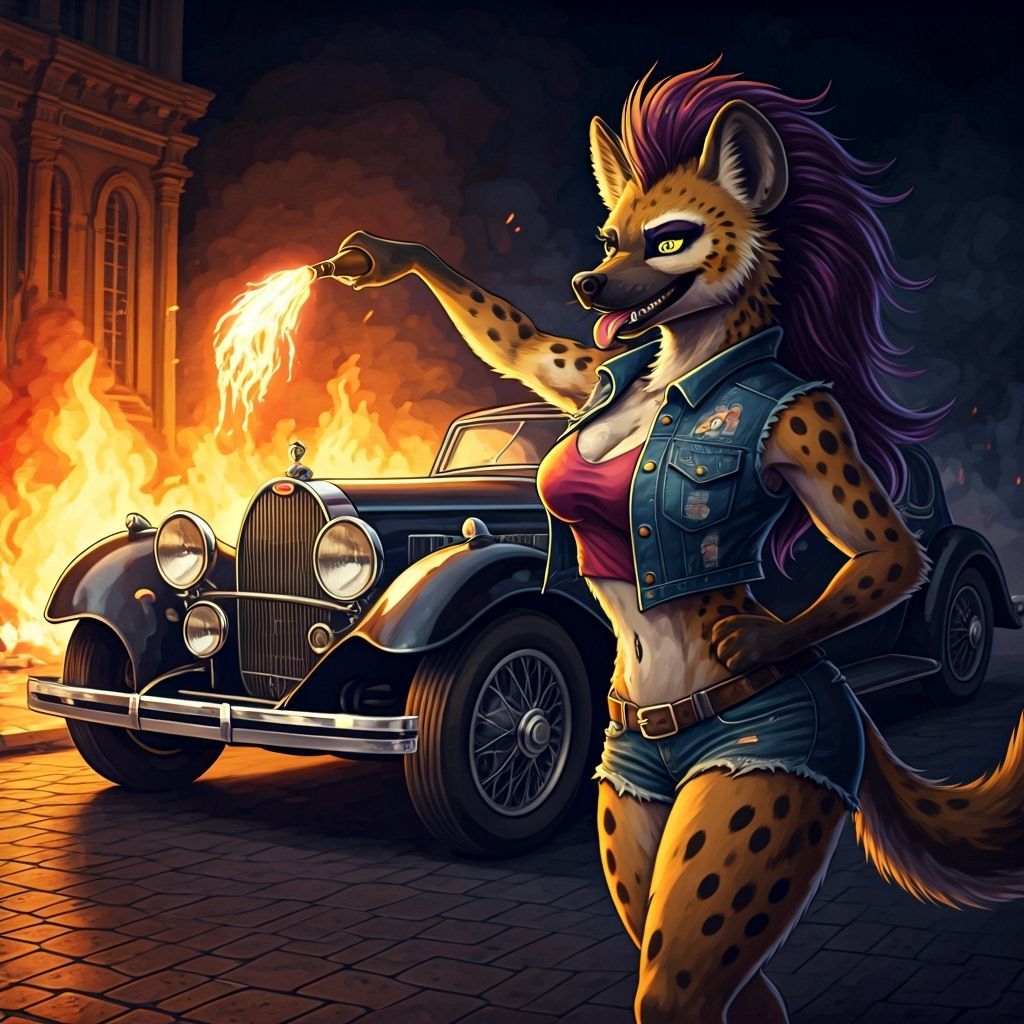 Burning Bugatti Royale with Hyena, Cel-Shaded Illustration