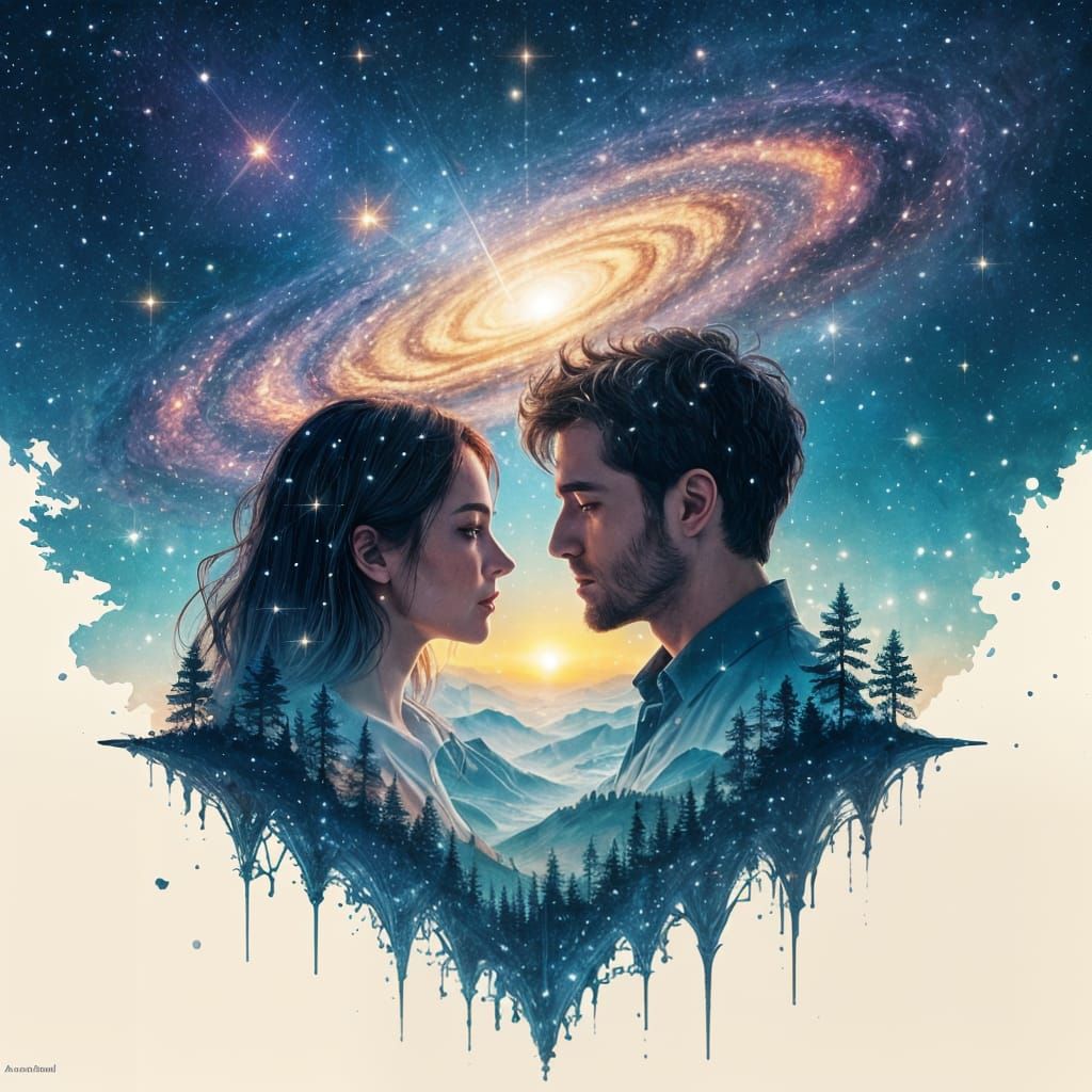 Cosmic Galaxy Drips into Cityscape Silhouette Couple