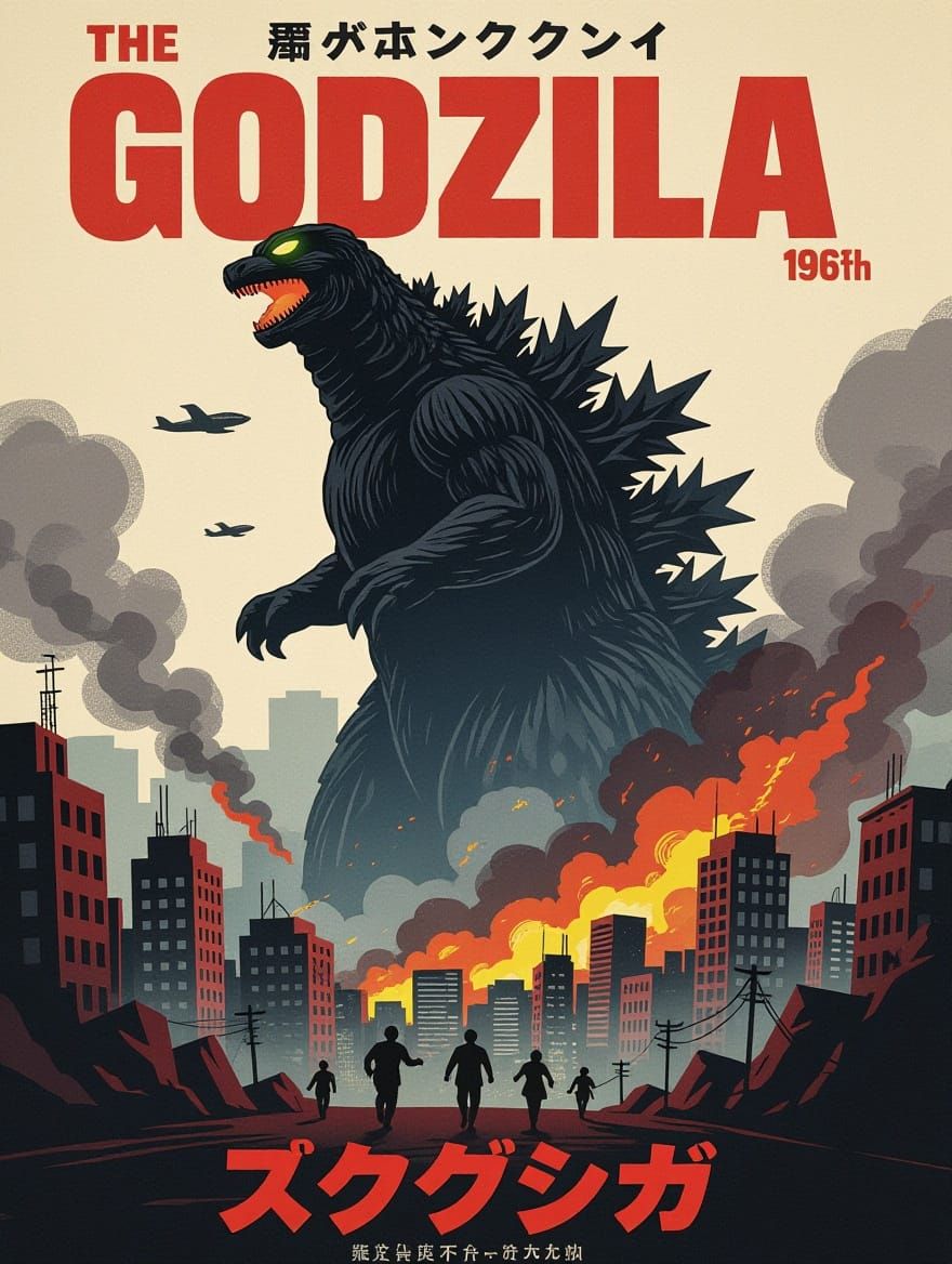 A vintage-style Japanese kaiju movie poster background, inspired by classic Godzilla films from the 1960s and 1970s. The...