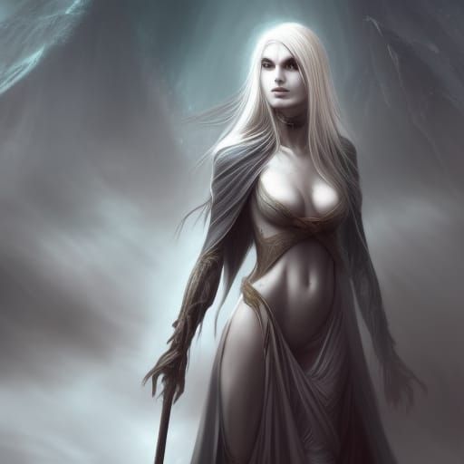 Dark-Eyed Prophetess with Staff in Matte Painting Style