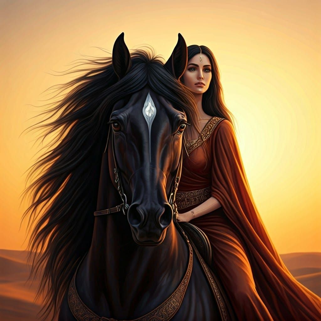 Regal Woman Rides Majestic Arabian Horse in Golden Desert Su...
