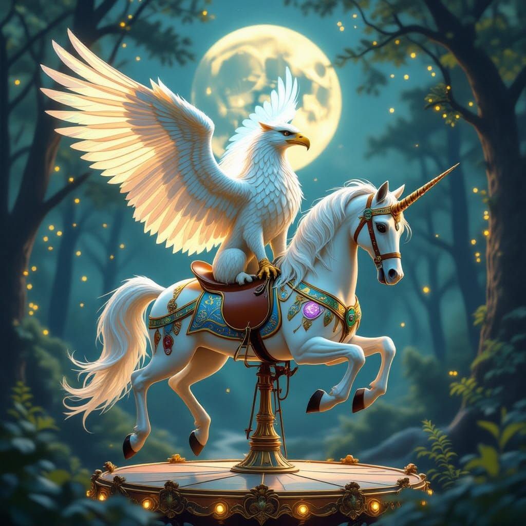 Griffin on Carousel Horse in Enchanted Forest