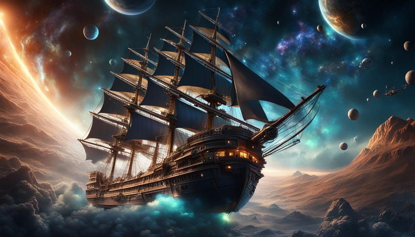 Fantastical Space Vessel Soars Through Cosmic Skies