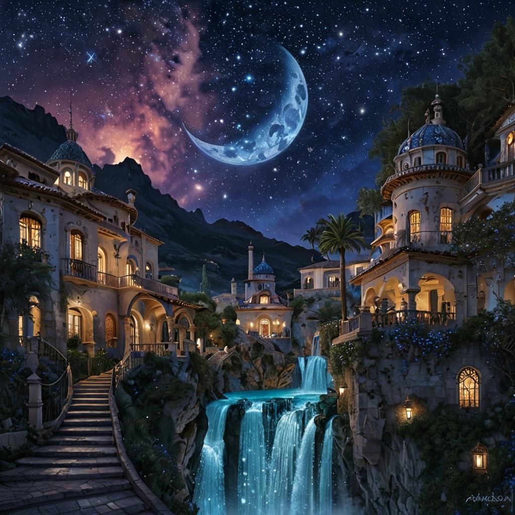 Dreamy Nightscape of a Moonlit Spanish Villa