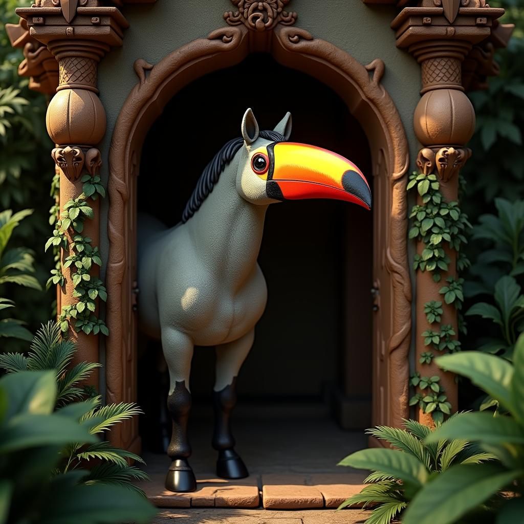 Epic Fantasy Horse Stable with Toucan Head in Lush Greenery