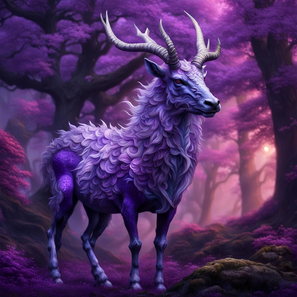 Mystical Kirin Defends Dying Deer with Ethereal Violet Aura