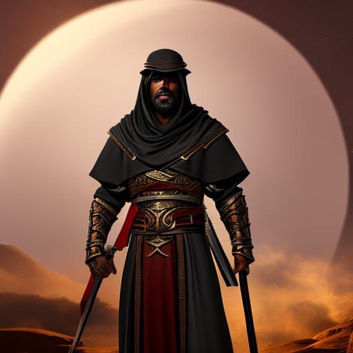 Golden-Eyed Arabian Rogue Basks in Red Moonlight