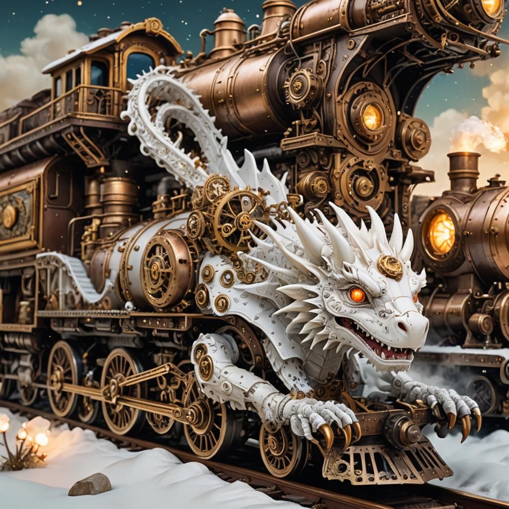 Steampunk Locomotive Escorted by a Majestic White Dragon