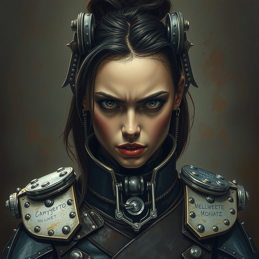 Fierce Female Warrior in Heavy Industrial Armor