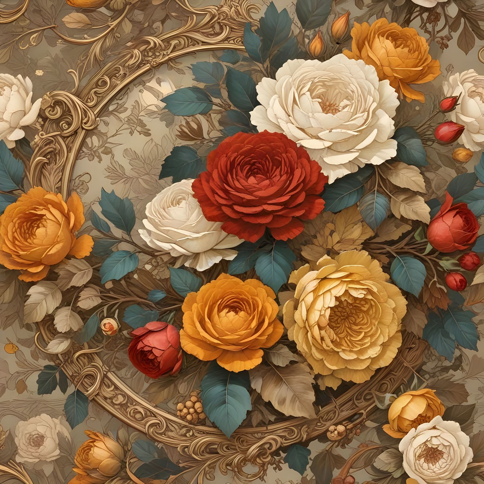 Vintage Roses in Intricate Wicker Wreath Frame, Set Against...