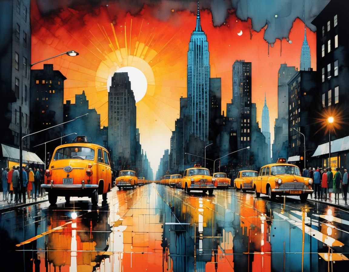 Whimsical Manhattanhenge Scene in Cubist Art Style