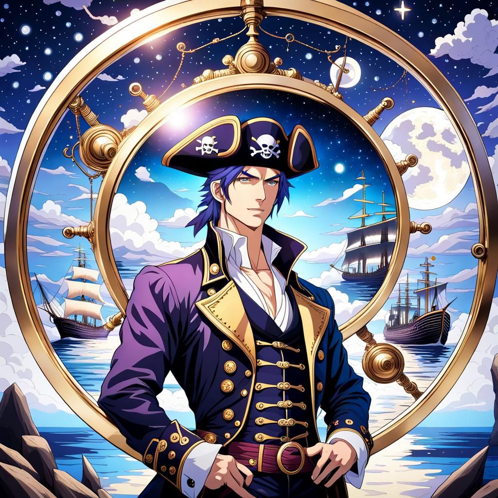 Steampunk Pirate Amidst Starry Skies with Full Moon and Pira...