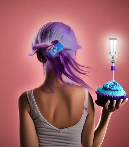 Enchanting Purple Haired Lady with Blue Cupcake in Ethereal...