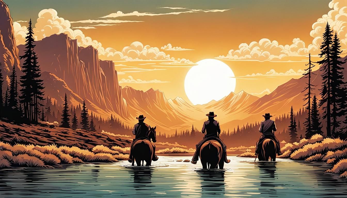 Gallant Cowboys Relax in a Serene Mountain River Landscape