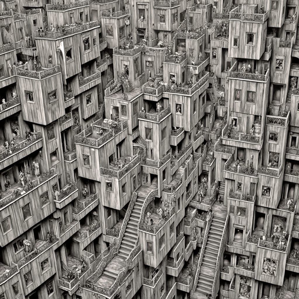 Surreal Cityscape with Interconnected Staircases