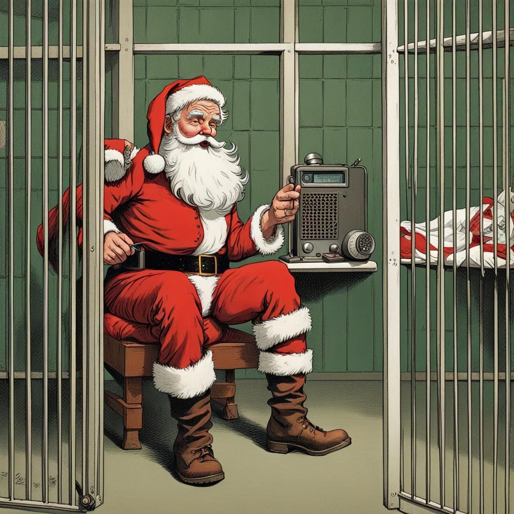 Santa Claus in Prison Cell, Tuning in on Transistor Radio