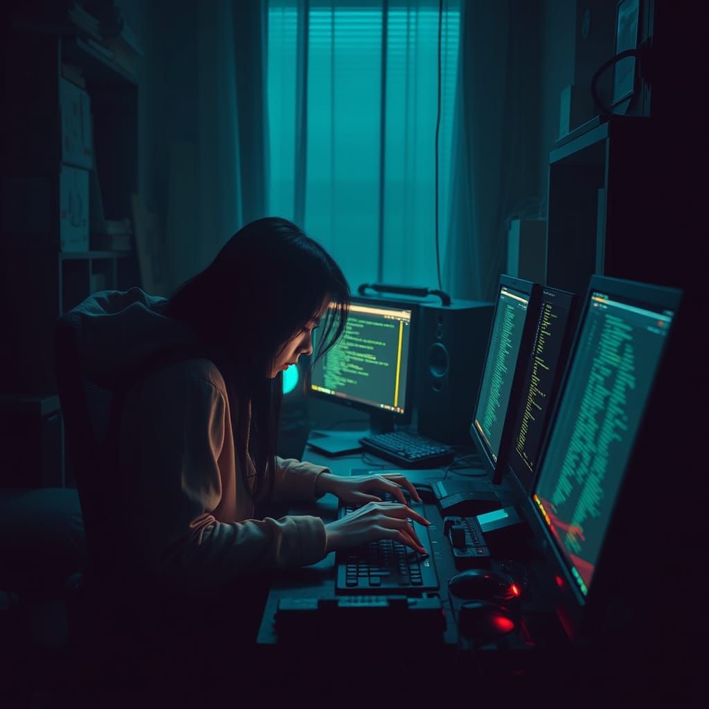 Cyberpunk Hacker in Neon Noir Style