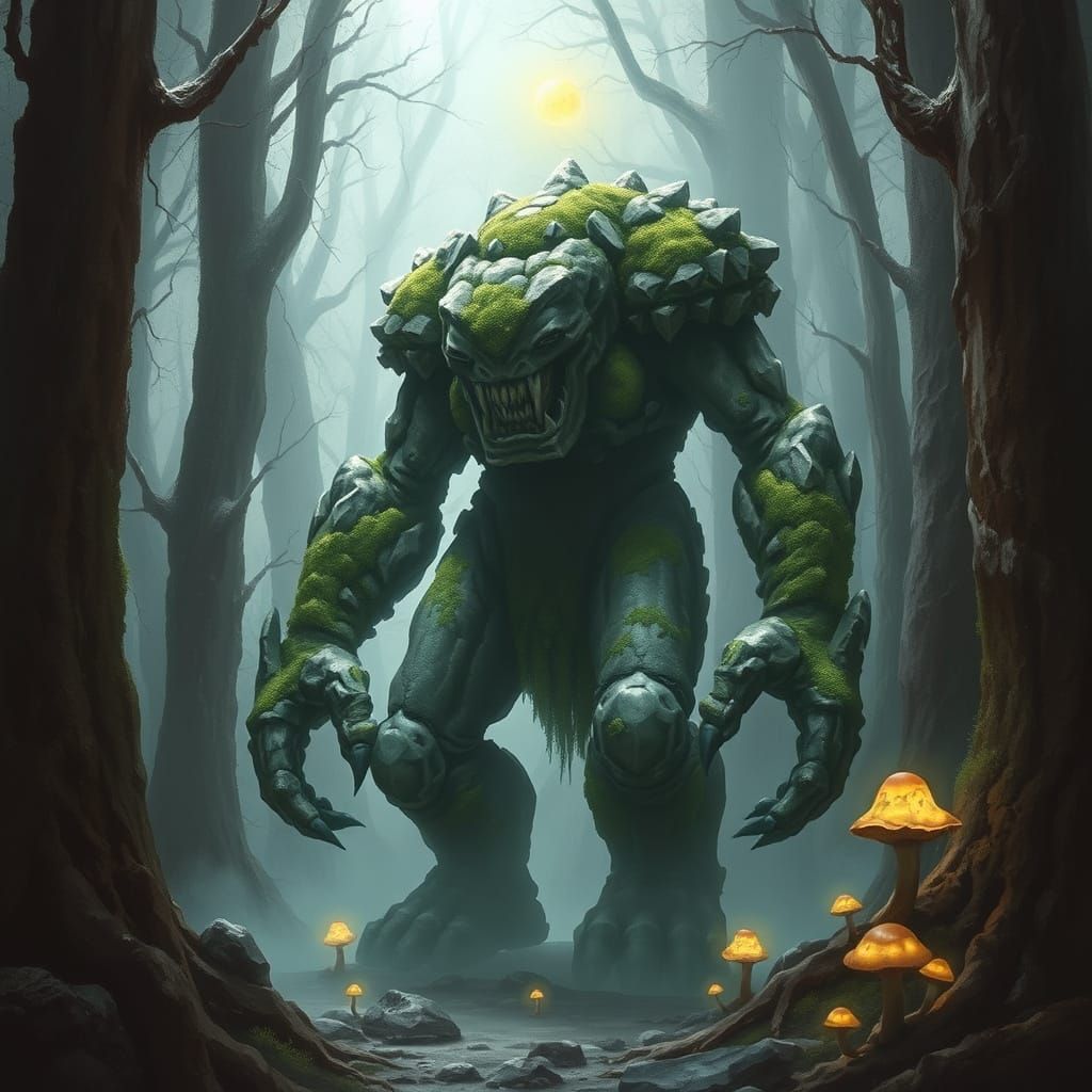 Ancient Moss Golem in Misty Forest