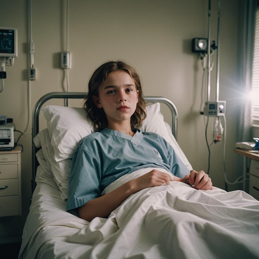 Epic Cinematic Still of a Young Patient in a Hospital Room