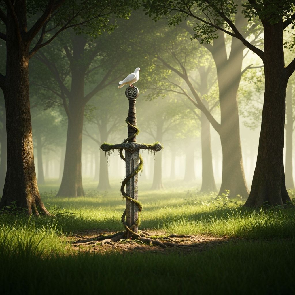 Ancient Sword in Forest Clearing with Dove Symbolizing Peace