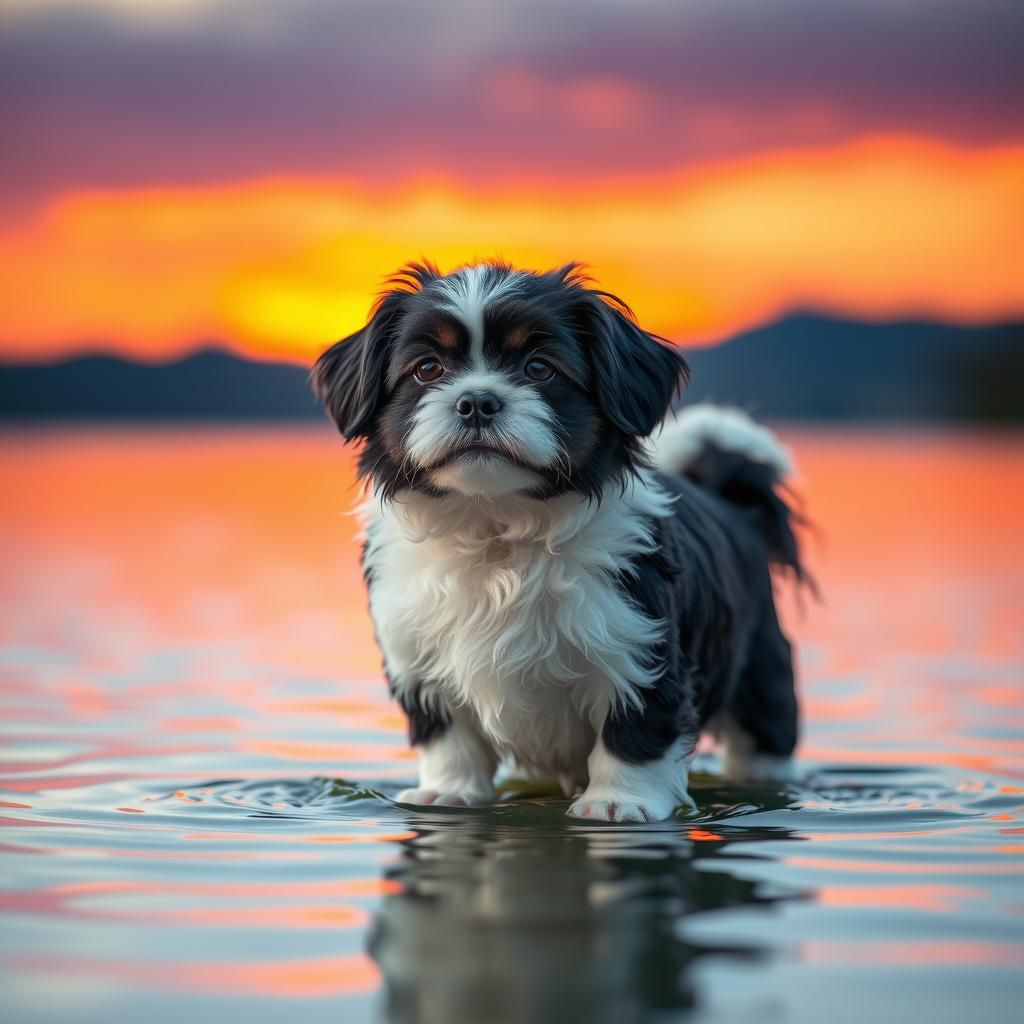 Majestic Black and White Shih Tzu in Serene Sunset Lake Scen...
