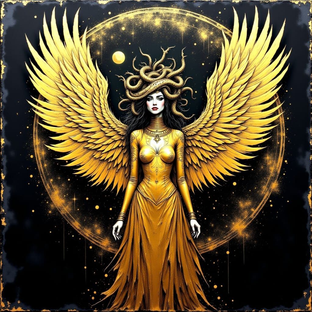Medusa in Golden Robes with Wings, Art Nouveau Style
