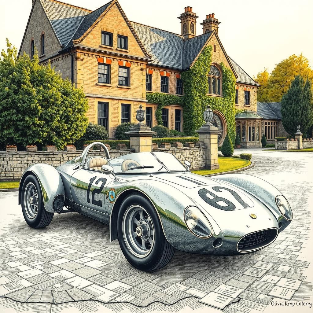 Olivia Kemp pen and ink drawing of a 1930's classic race car...