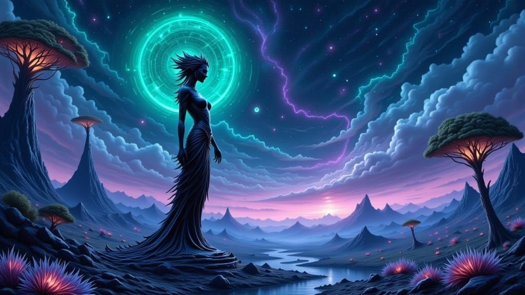 A solitary statue of a woman, carved from obsidian and inlai...