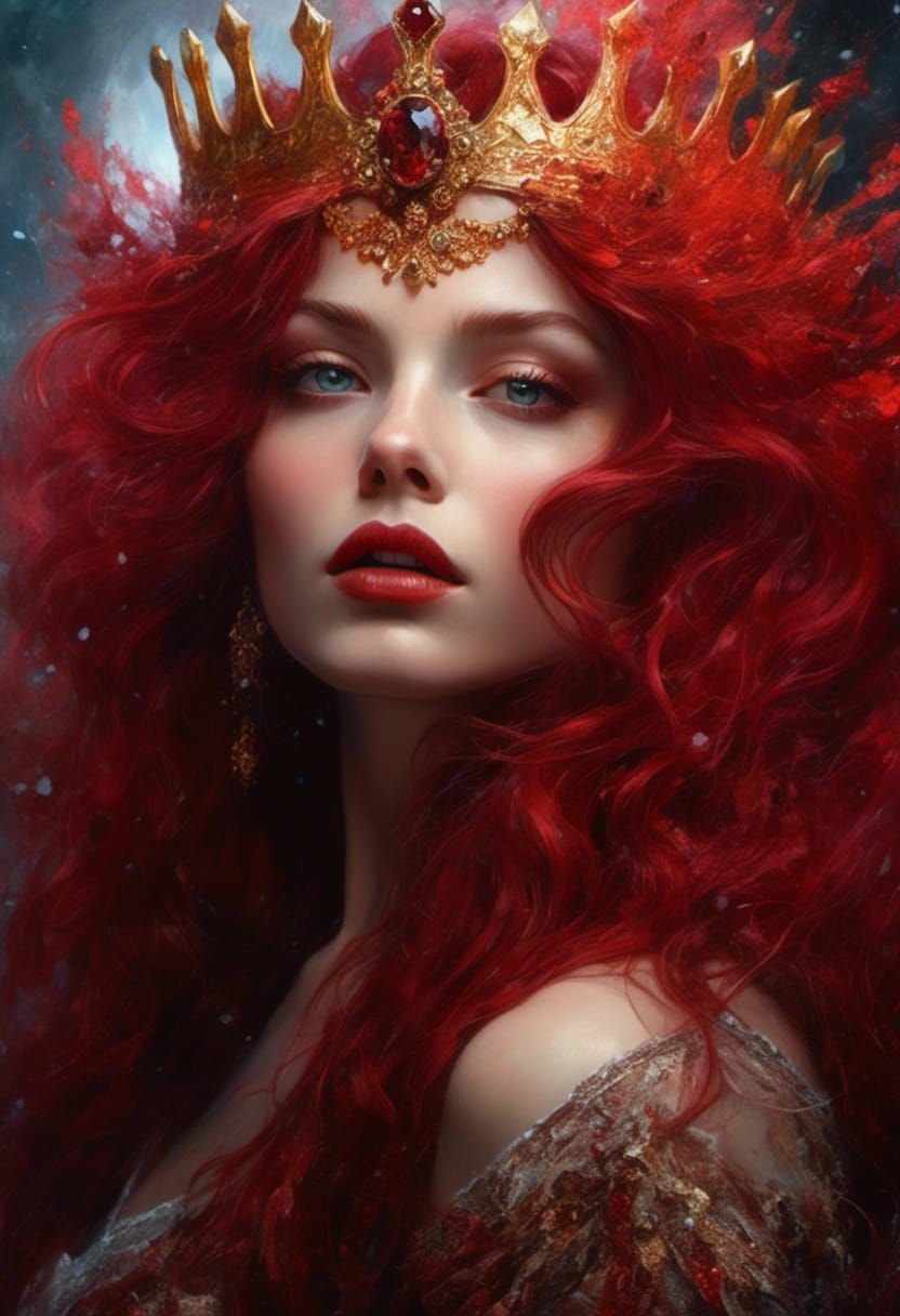 Surreal Winter Queen in Wine Red Hair and Iridescent Gown