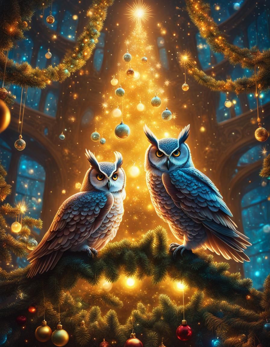 Magical Christmas Owls in Swirling Arcane Magic