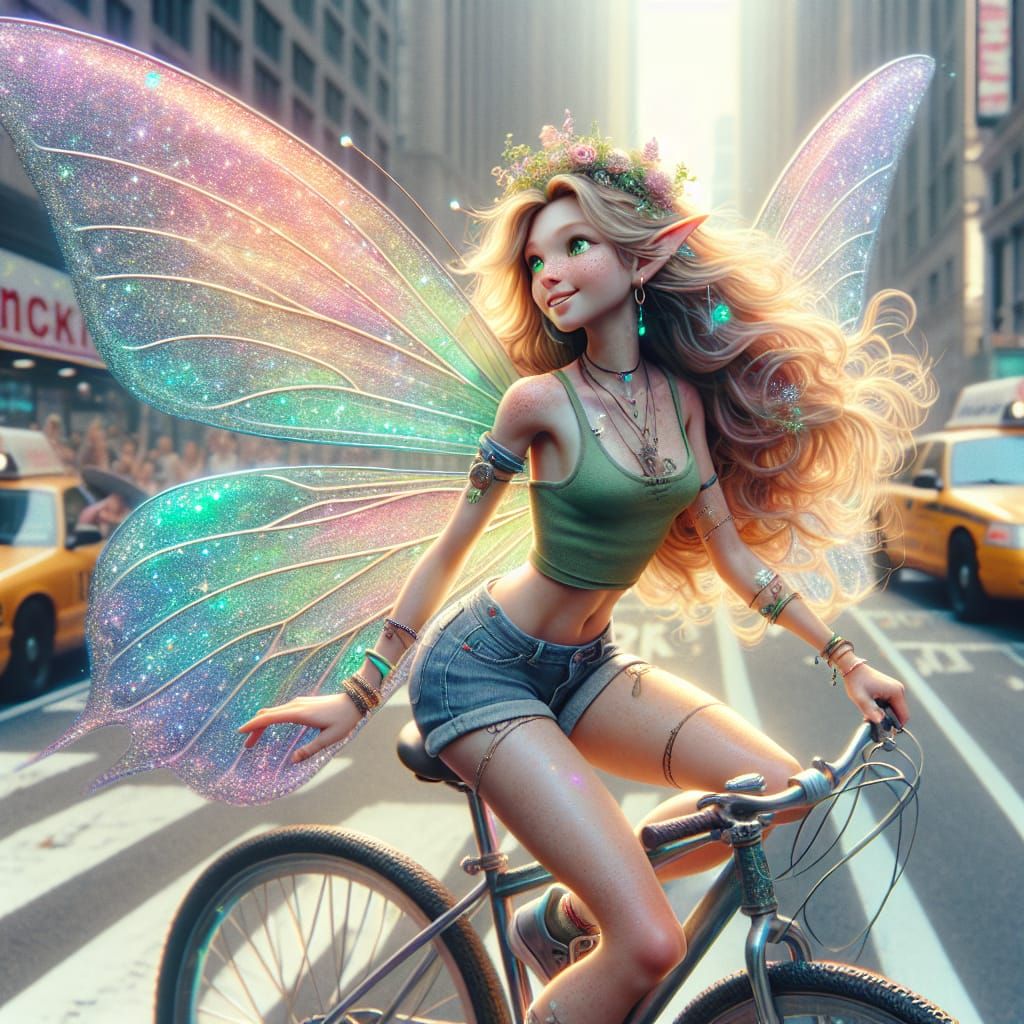 Vibrant Fairy Rides Bicycle Down City Street in Hyper-Realis...