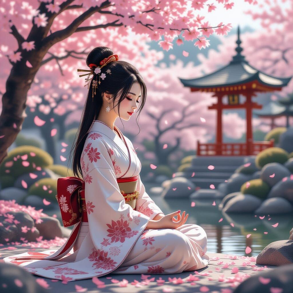 Woman Meditating in Japanese Garden, Sepia Tones