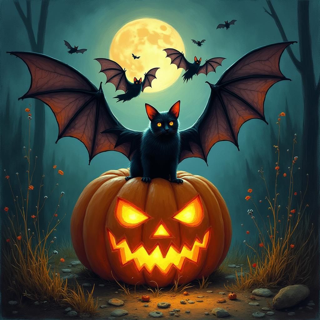 Mysterious Bats Dance Around Jack-o-Lantern Under Moonlight
