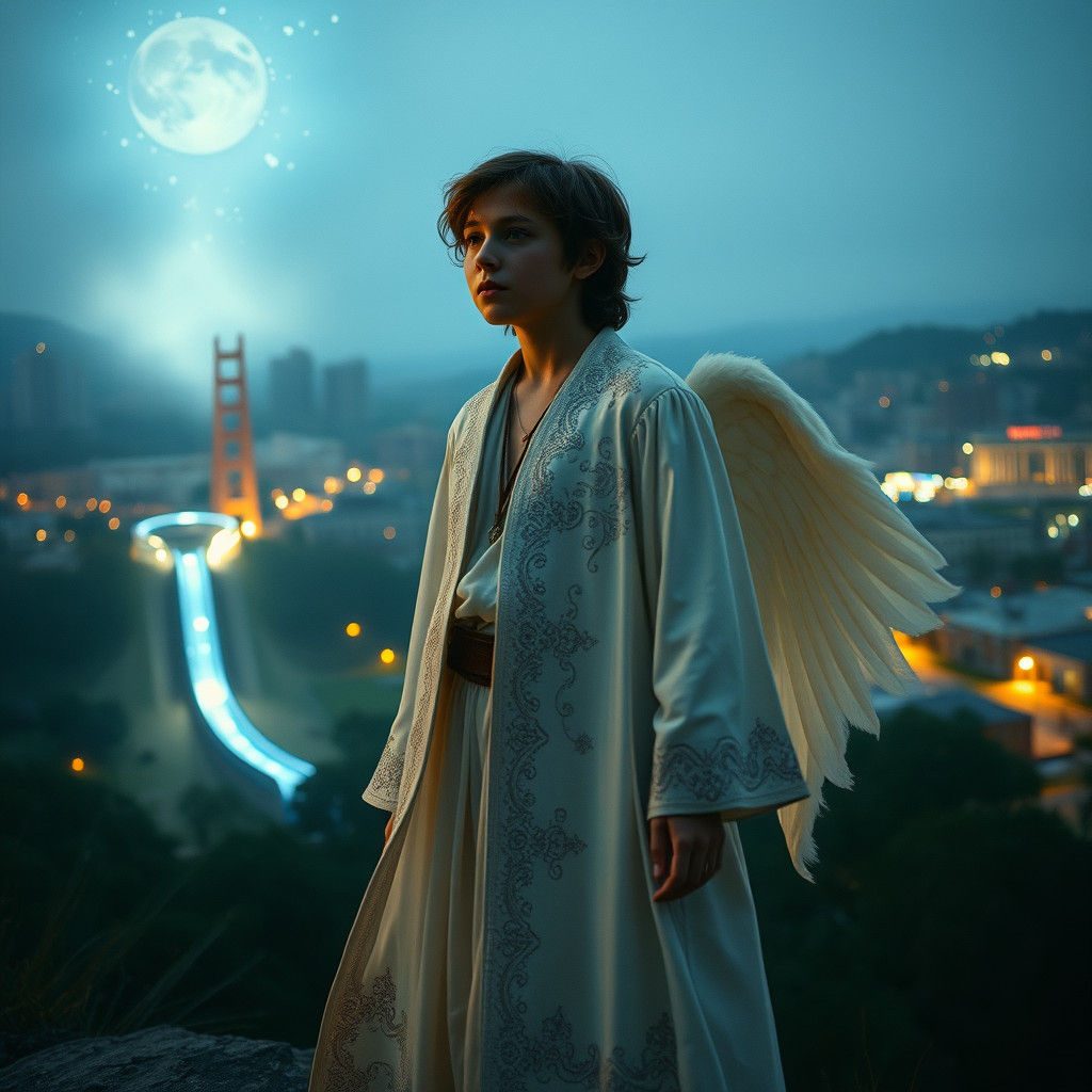 Ethereal Hero Rises Over Heavenly Cityscape