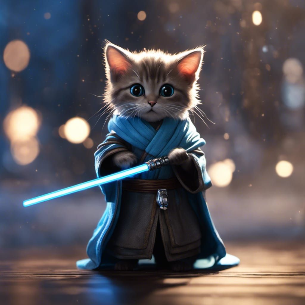 Whimsical Jedi Feline in a Glowing Tatami Realm